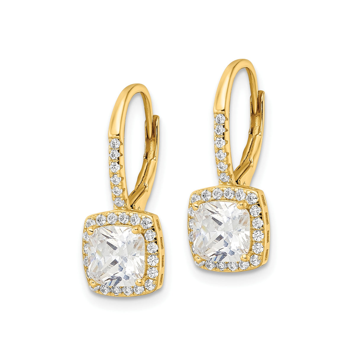 Sterling Silver Leverback Drop Earrings with Cushion-Cut Cubic Zirconia and Halo Setting