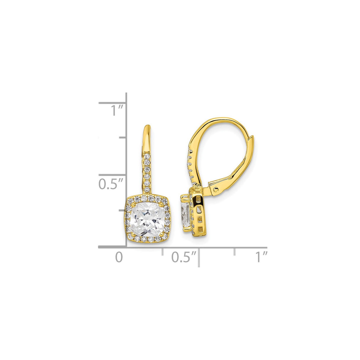 Sterling Silver Leverback Drop Earrings with Cushion-Cut Cubic Zirconia and Halo Setting