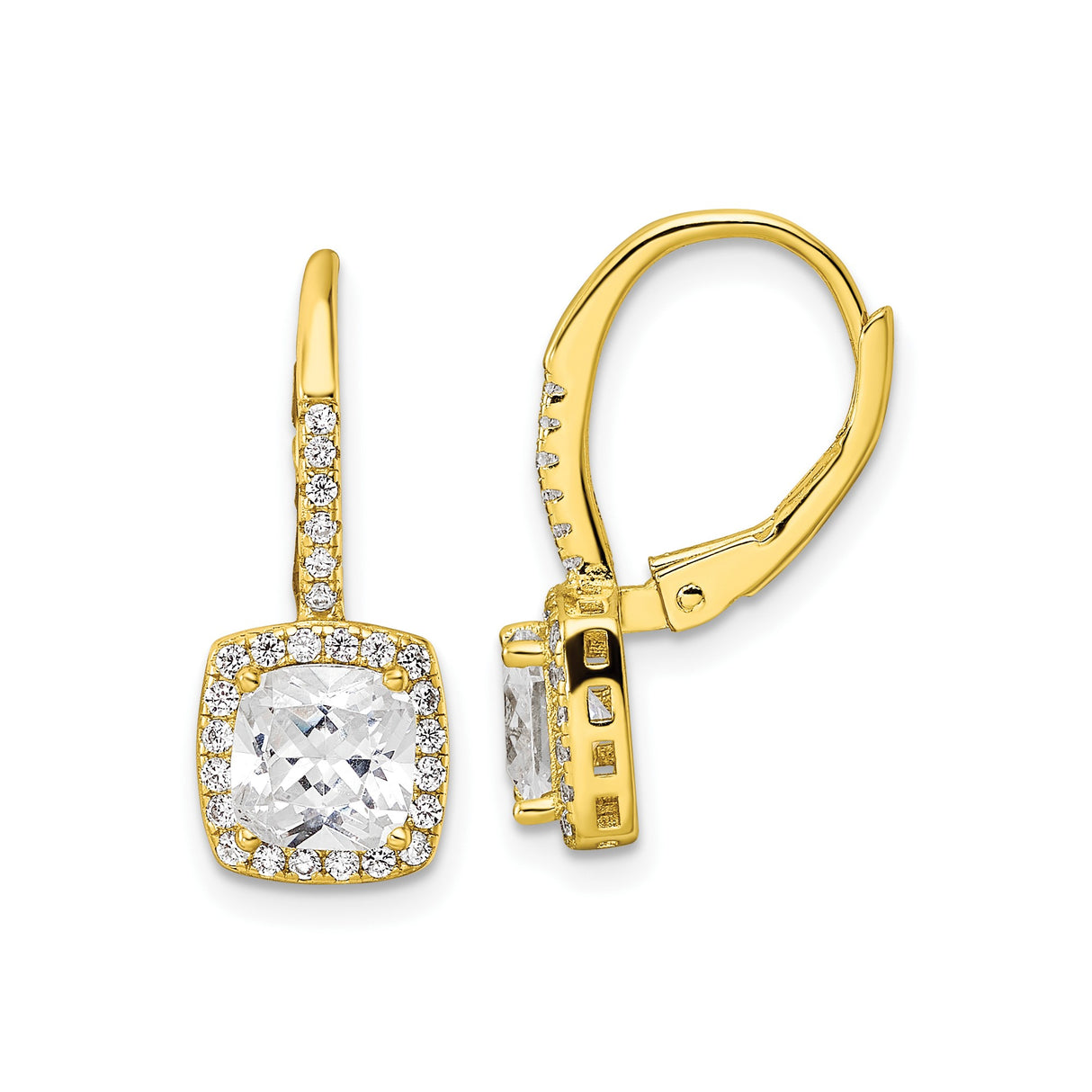 Sterling Silver Leverback Drop Earrings with Cushion-Cut Cubic Zirconia and Halo Setting