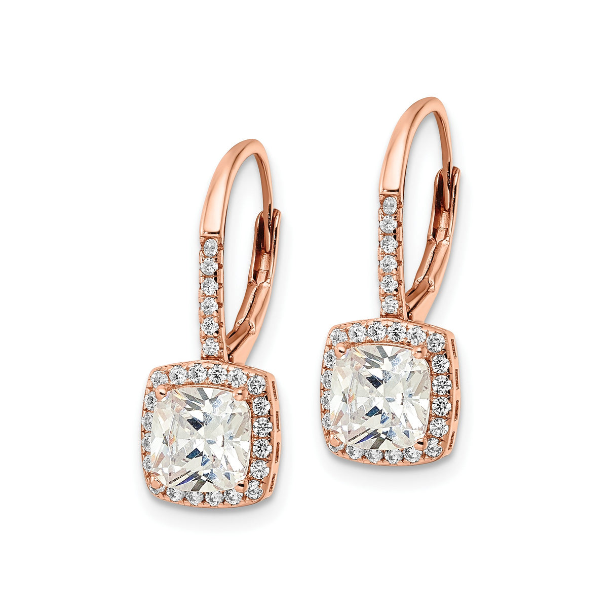 Sterling Silver Rose Gold-Plated Drop Earrings with Cushion Cut Cubic Zirconia Halo and Pavé Accents
