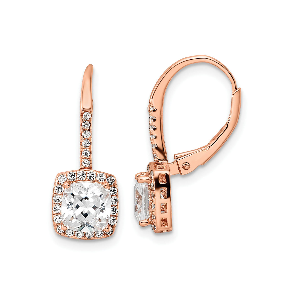 Sterling Silver Rose Gold-Plated Drop Earrings with Cushion Cut Cubic Zirconia Halo and Pavé Accents