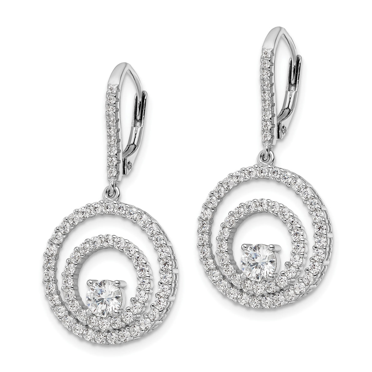 Sterling Silver Drop Earrings with Round Cubic Zirconia, Double Halo Leverback Design