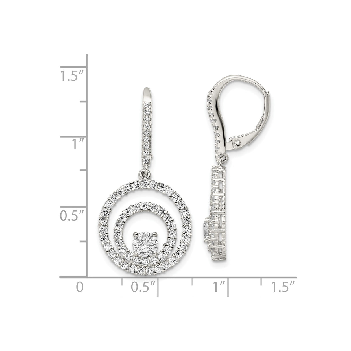 Sterling Silver Drop Earrings with Round Cubic Zirconia, Double Halo Leverback Design