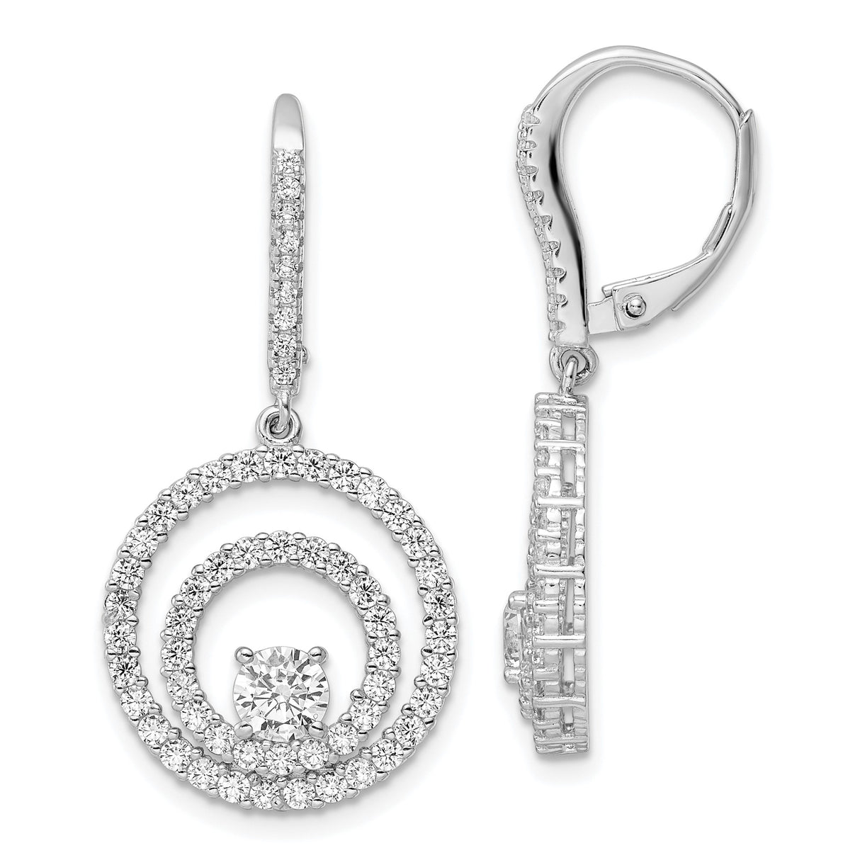 Sterling Silver Drop Earrings with Round Cubic Zirconia, Double Halo Leverback Design