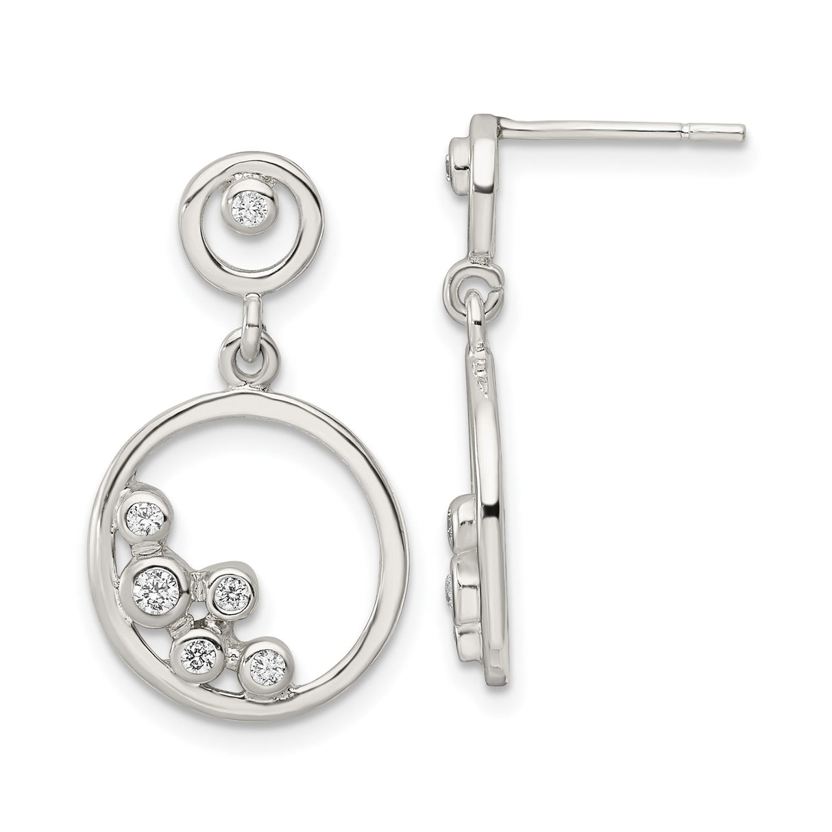 Sterling Silver Drop Earrings with Cubic Zirconia, Open Circle Bubble Design
