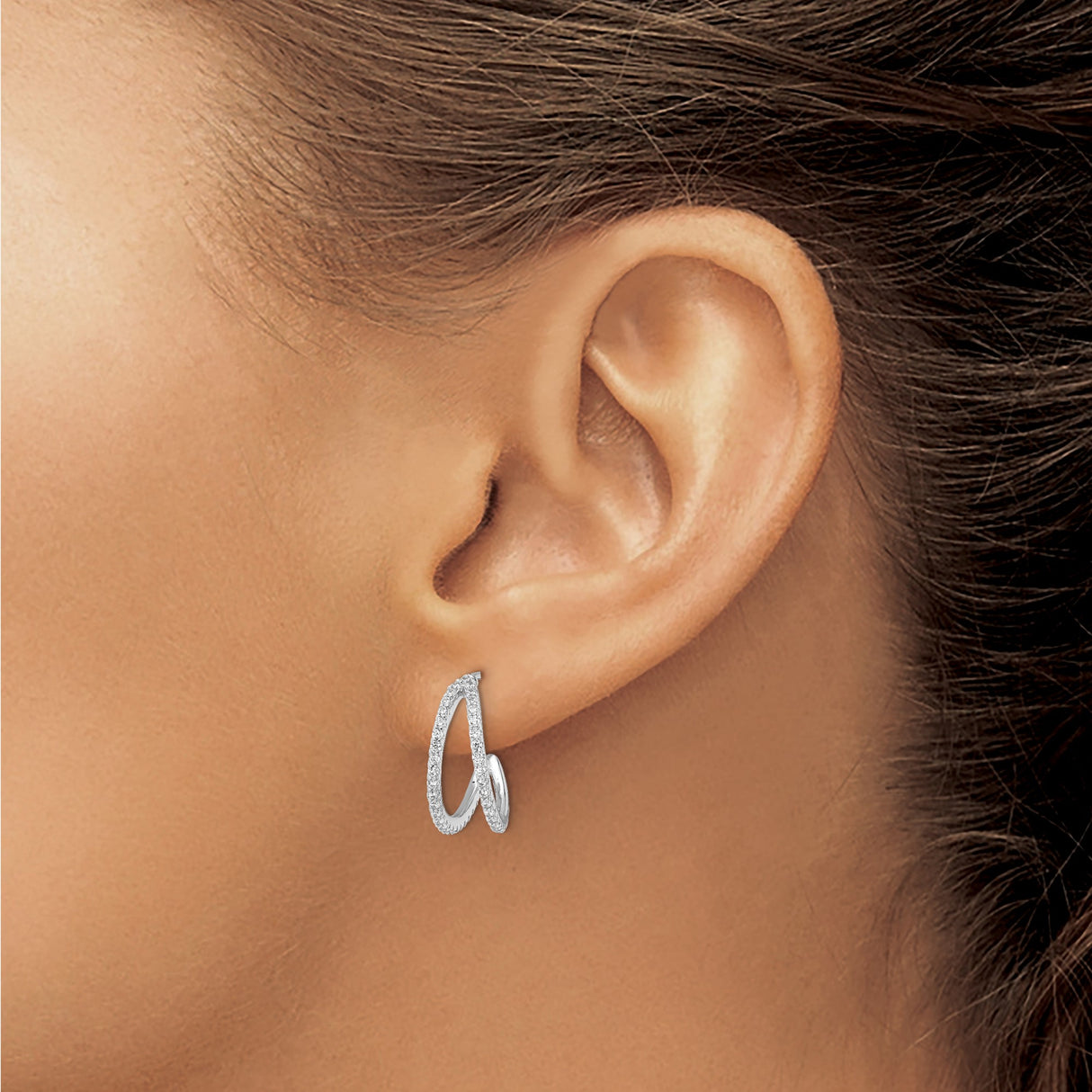 Sterling Silver Hoop Earrings with Cubic Zirconia, V-Shape Wave Design, Modern Formal Style