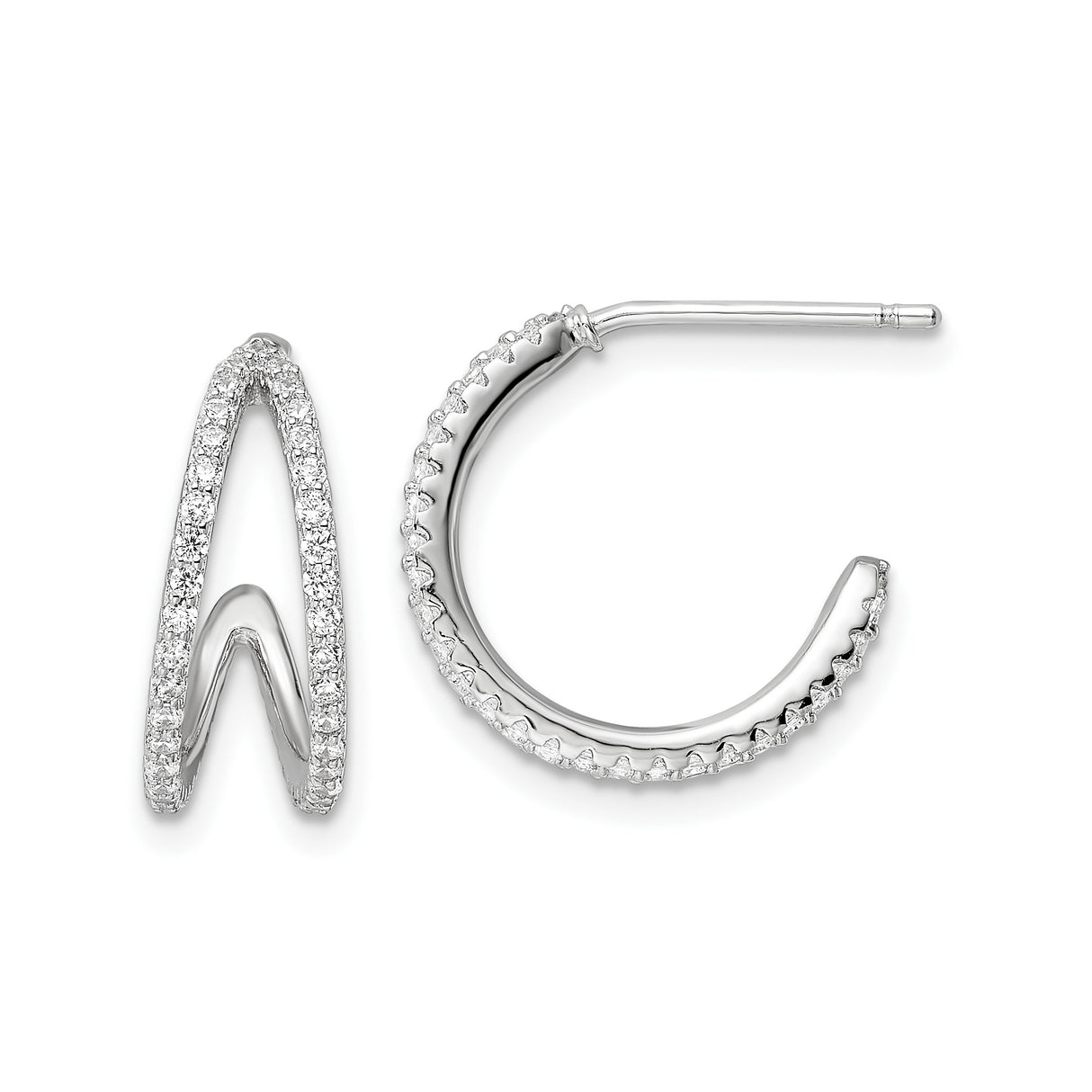 Sterling Silver Hoop Earrings with Cubic Zirconia, V-Shape Wave Design, Modern Formal Style