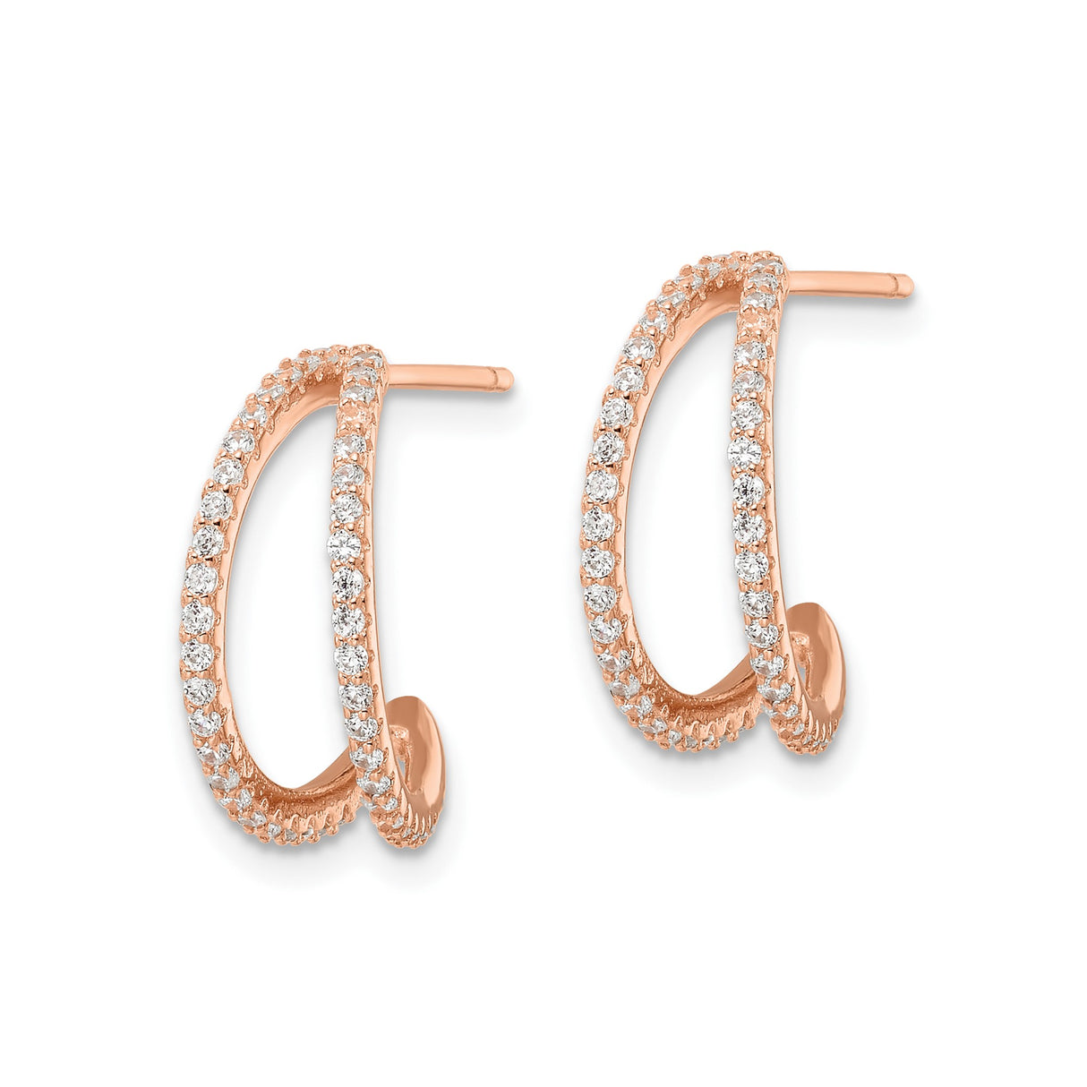 Sterling Silver V-Shape Hoop Earrings with Cubic Zirconia, Rose Gold Plated, Modern Minimalist Design
