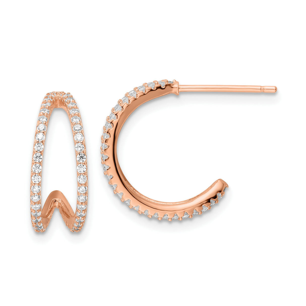 Sterling Silver V-Shape Hoop Earrings with Cubic Zirconia, Rose Gold Plated, Modern Minimalist Design