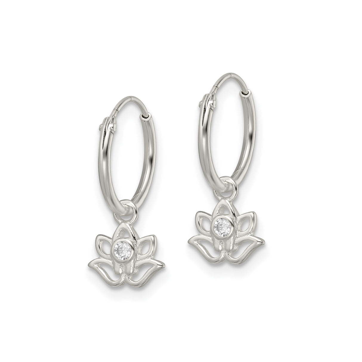 Sterling Silver Hoop Earrings with Cubic Zirconia, Lotus Flower Charms, Boho Yoga Style