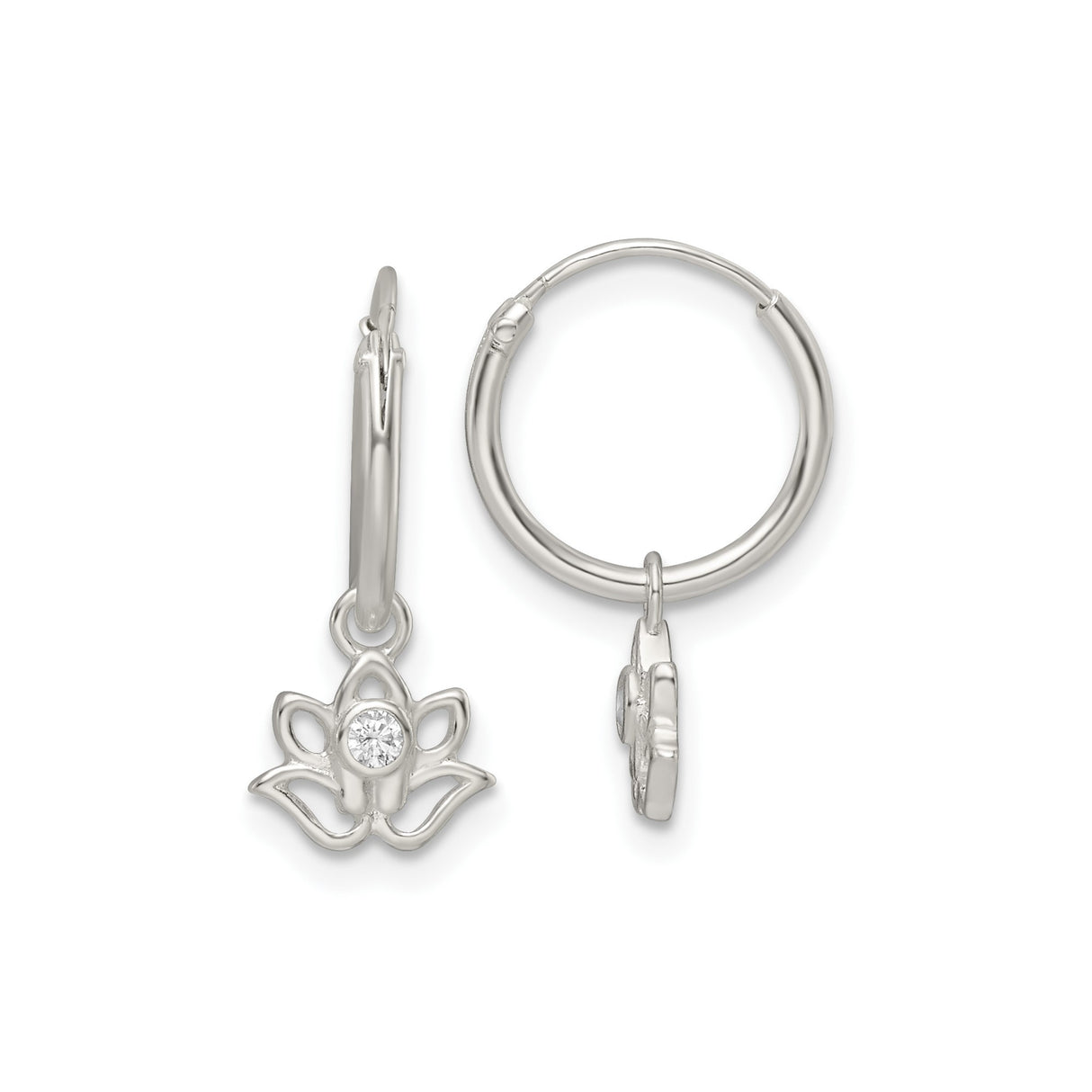 Sterling Silver Hoop Earrings with Cubic Zirconia, Lotus Flower Charms, Boho Yoga Style
