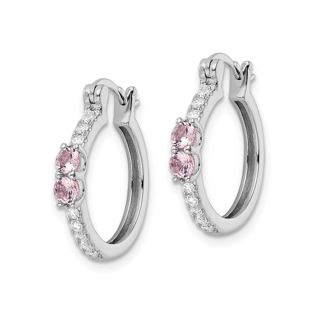 Sterling Silver Hoop Earrings with Pink and White Cubic Zirconia, Channel Set, Latch-Back Closure