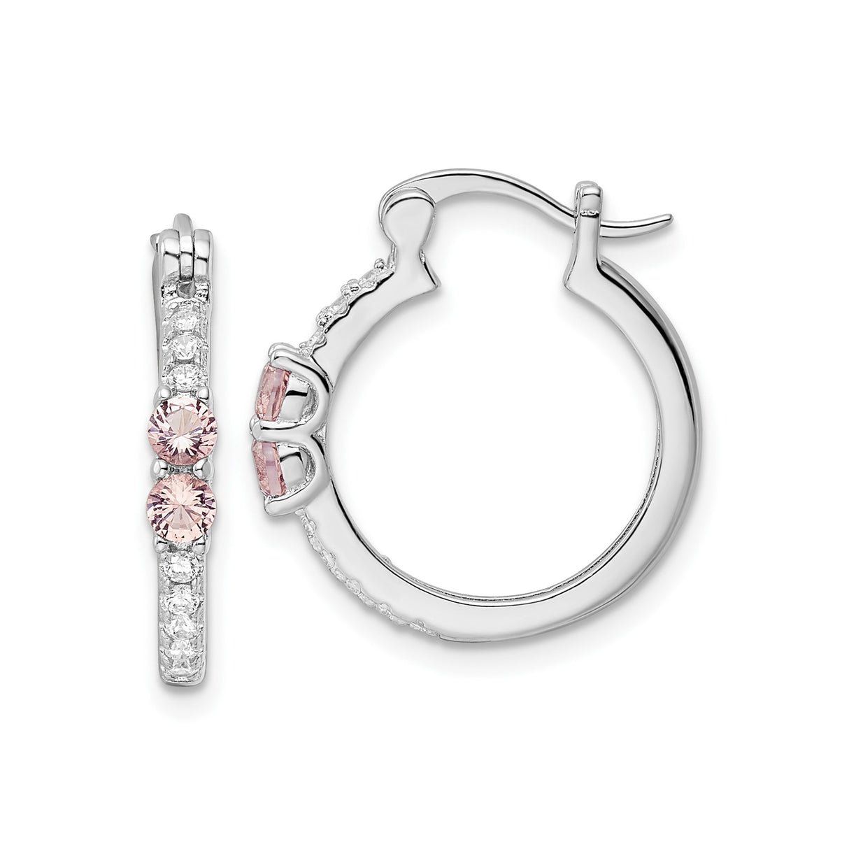 Sterling Silver Hoop Earrings with Pink and White Cubic Zirconia, Channel Set, Latch-Back Closure
