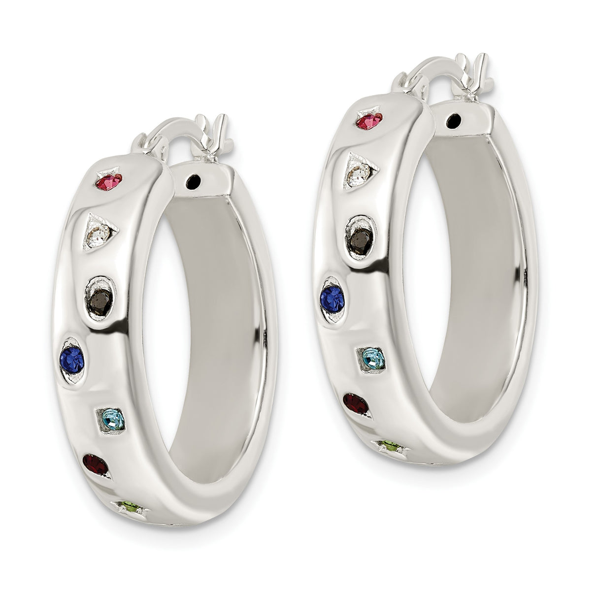 Sterling Silver Hoop Earrings with Cubic Zirconia, Polished Finish, Multi-Color Modern Design