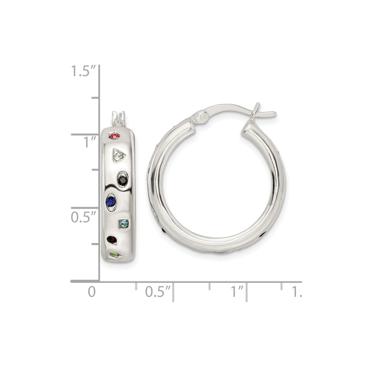 Sterling Silver Hoop Earrings with Cubic Zirconia, Polished Finish, Multi-Color Modern Design