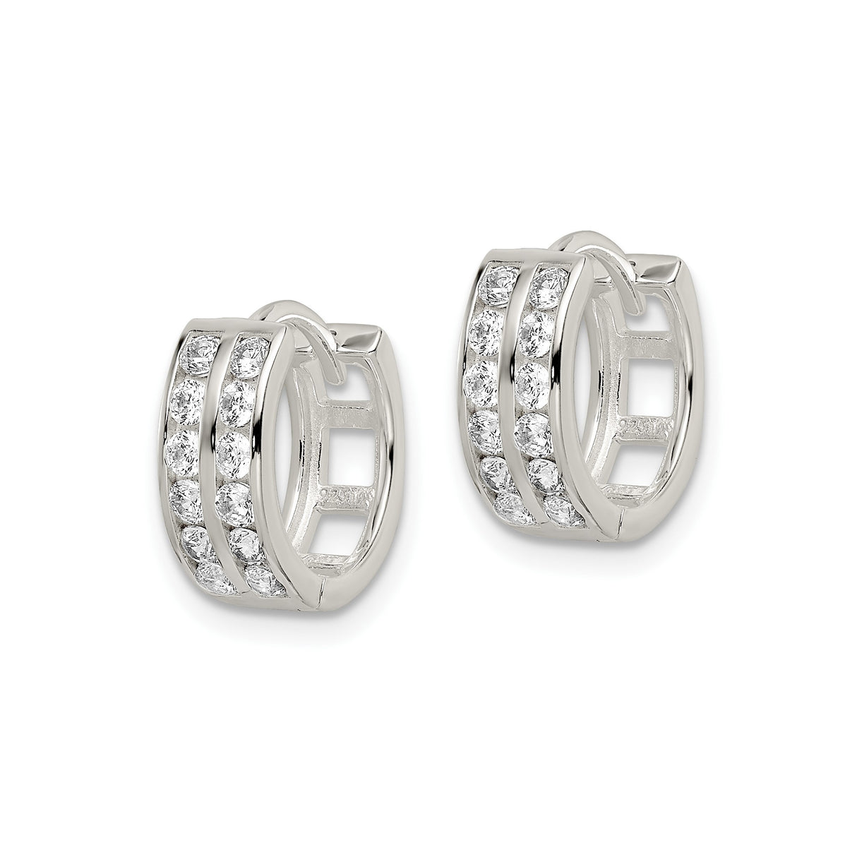 Sterling Silver Huggie Hoop Earrings with Two Rows of Round Cut Cubic Zirconia