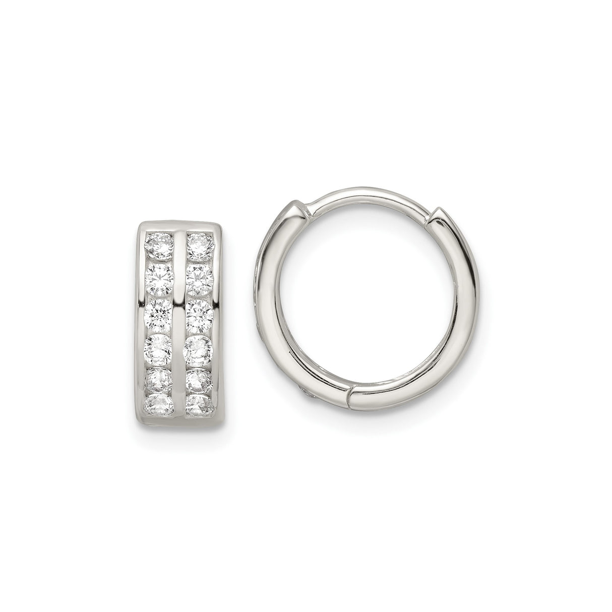 Sterling Silver Huggie Hoop Earrings with Two Rows of Round Cut Cubic Zirconia