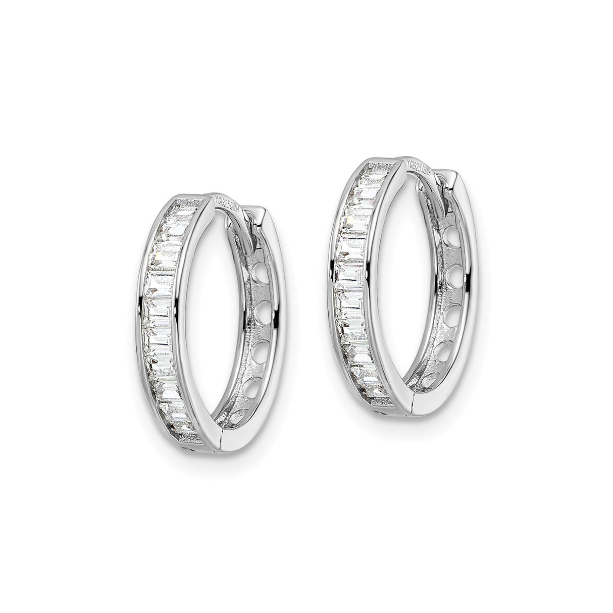 Sterling Silver Hoop Earrings with Channel Set Rectangular Cubic Zirconia, Polished Medium Hoops