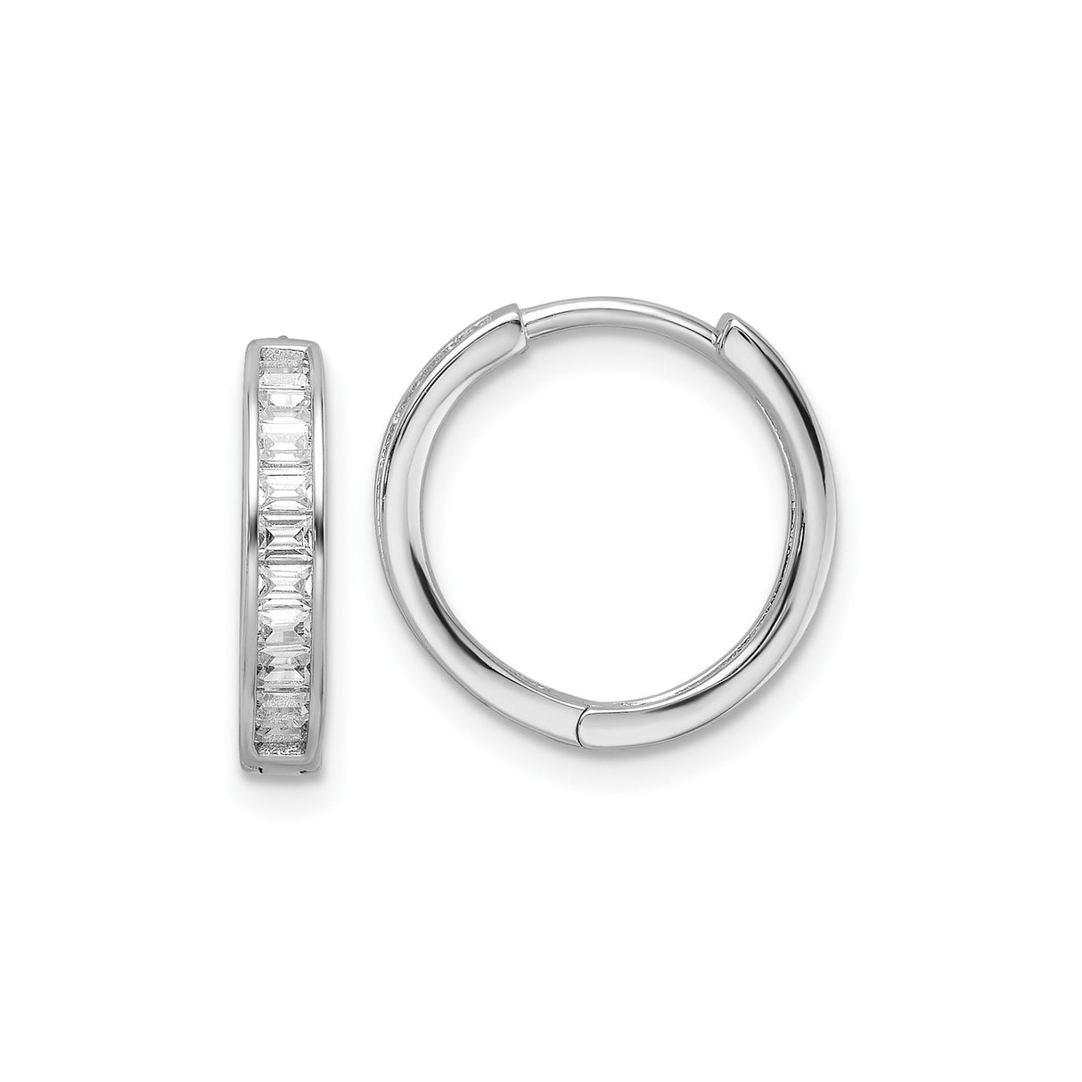 Sterling Silver Hoop Earrings with Channel Set Rectangular Cubic Zirconia, Polished Medium Hoops