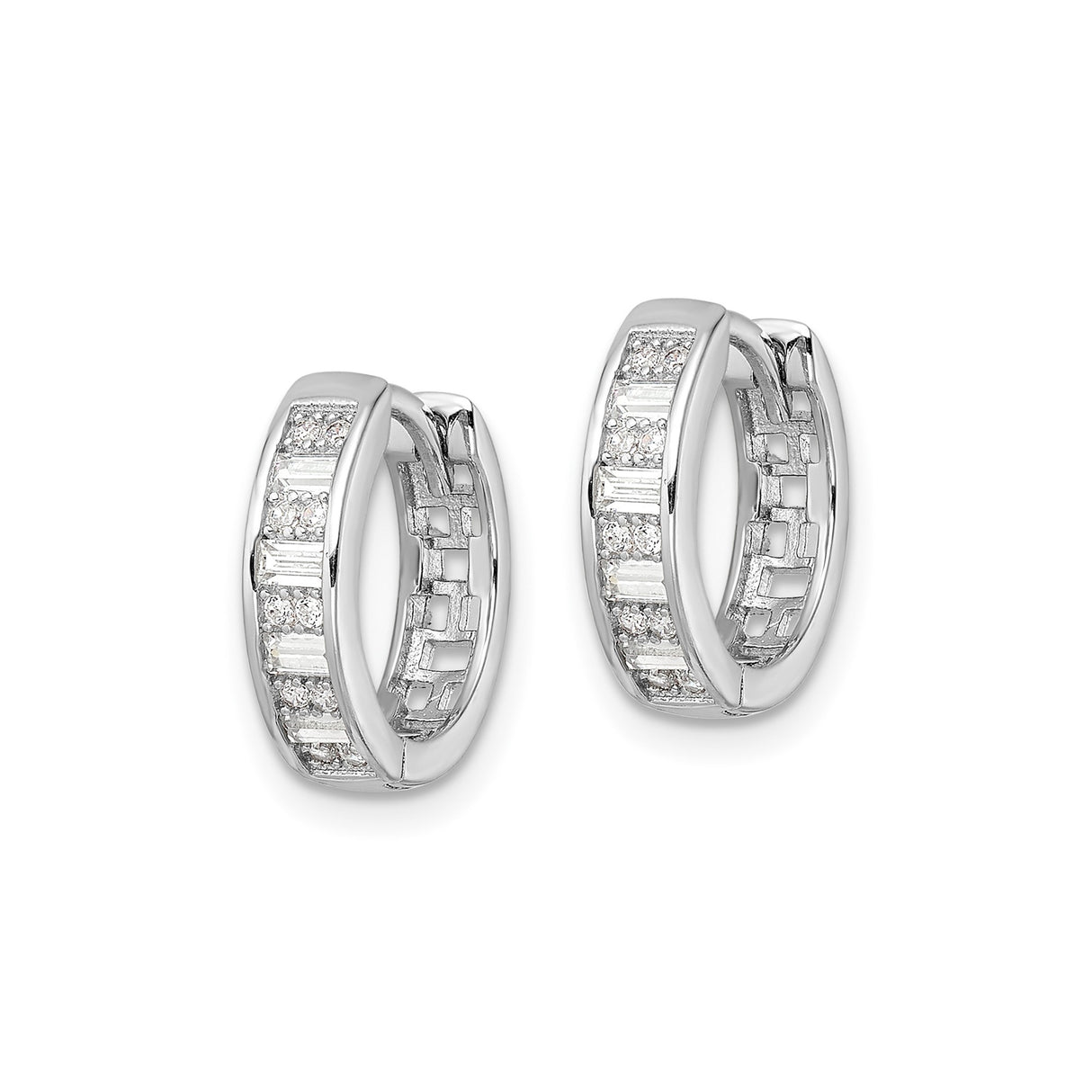 Sterling Silver Hoop Earrings with Channel Set Baguette and Round Cubic Zirconia