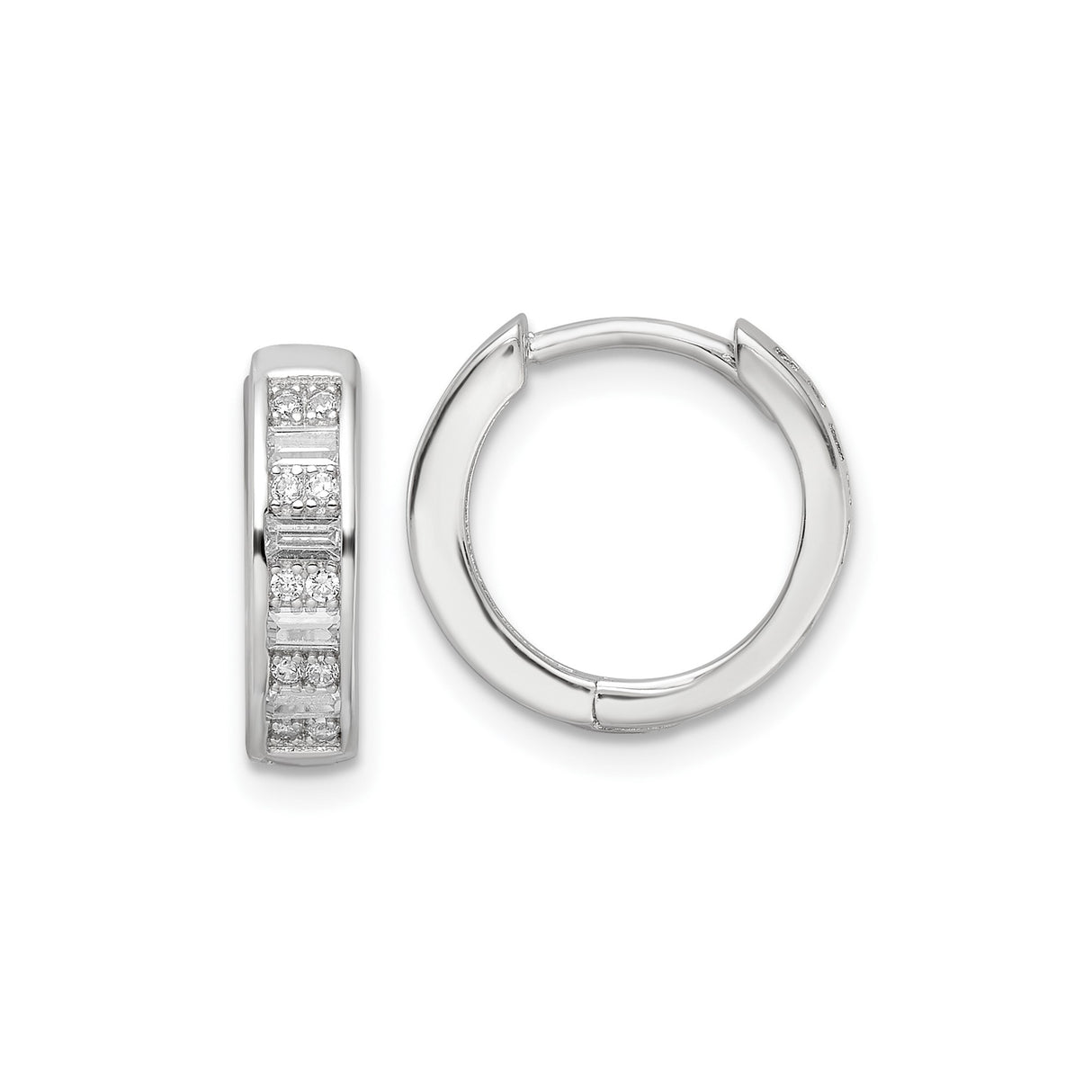 Sterling Silver Hoop Earrings with Channel Set Baguette and Round Cubic Zirconia