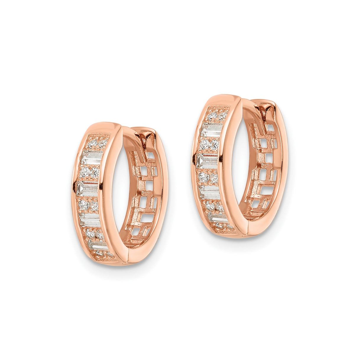 Sterling Silver Rose Gold Plated Huggie Hoop Earrings with Cubic Zirconia, Modern Minimalist Style