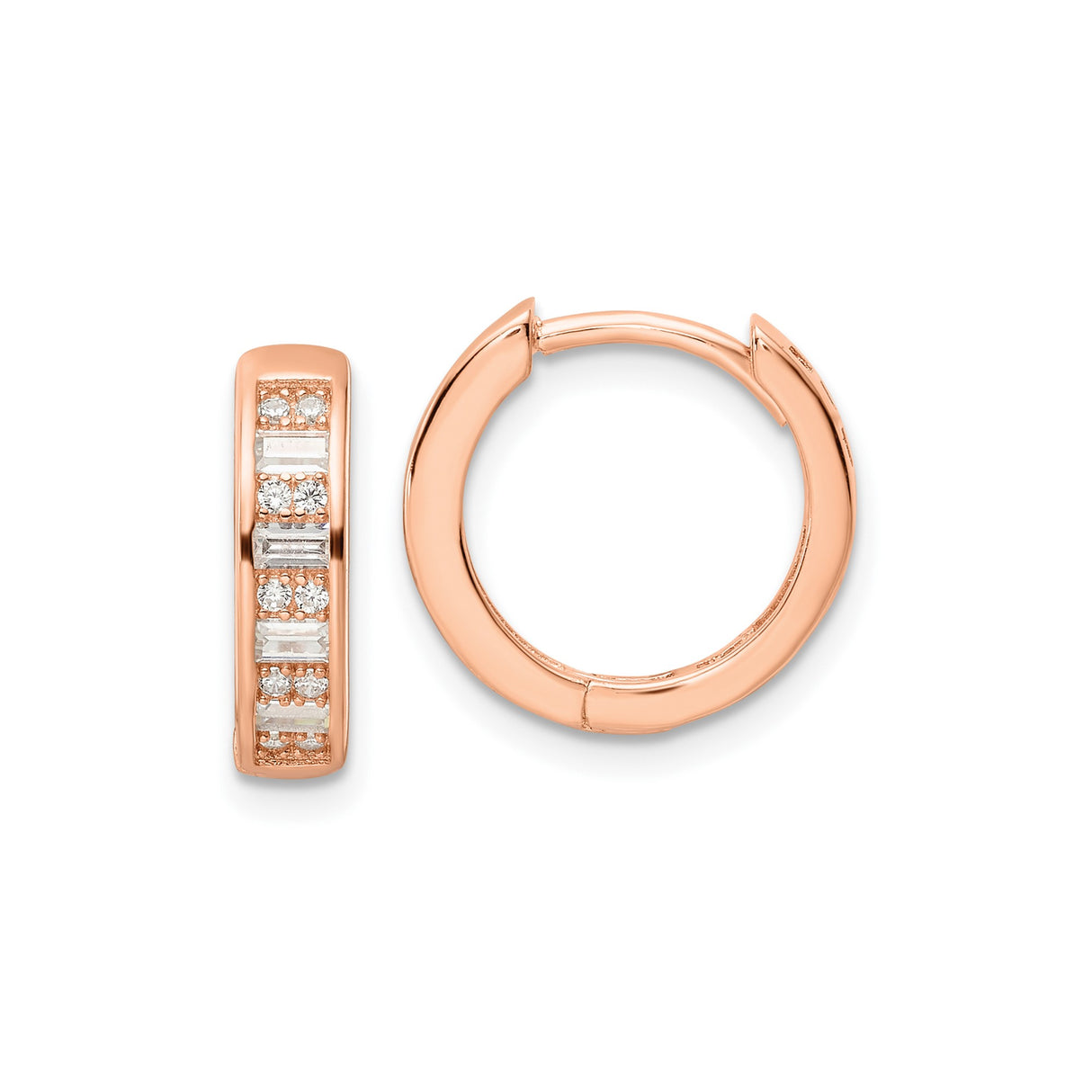 Sterling Silver Rose Gold Plated Huggie Hoop Earrings with Cubic Zirconia, Modern Minimalist Style