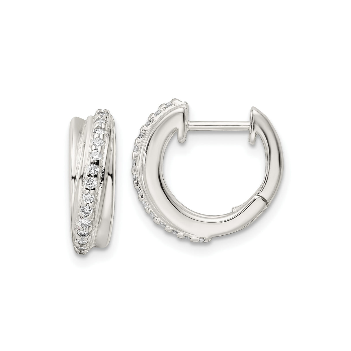 Sterling Silver Huggie Hoop Earrings with Cubic Zirconia and Crossover Design