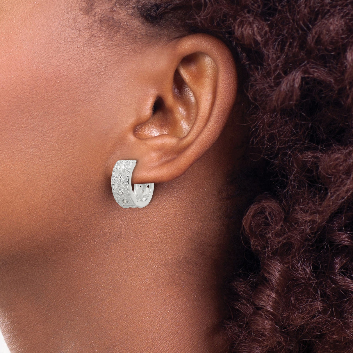 Sterling Silver Hoop Earrings with Cubic Zirconia Accents, Vintage Milgrain Detail, Small Lightweight Design