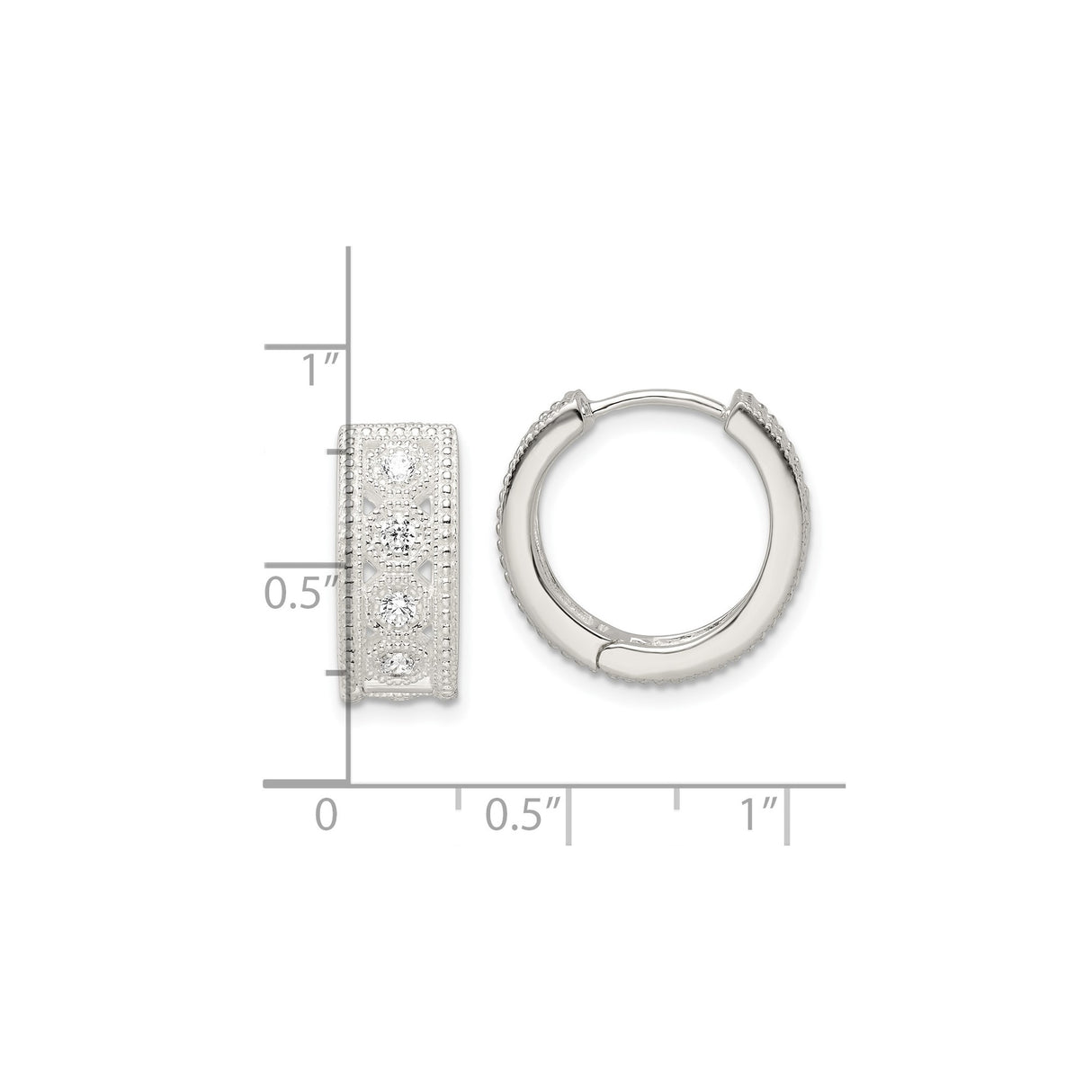 Sterling Silver Hoop Earrings with Cubic Zirconia Accents, Vintage Milgrain Detail, Small Lightweight Design