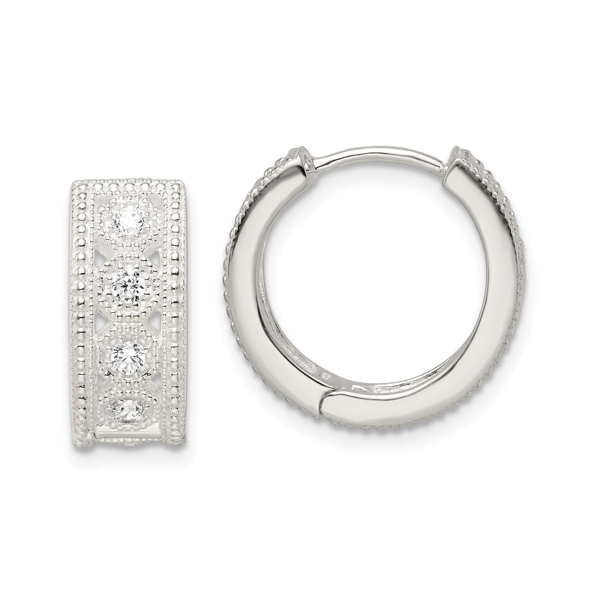 Sterling Silver Hoop Earrings with Cubic Zirconia Accents, Vintage Milgrain Detail, Small Lightweight Design