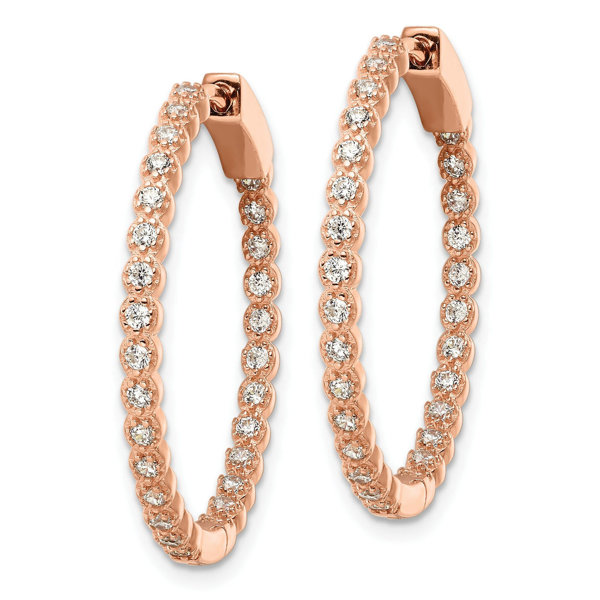 Sterling Silver Rose Gold Hoop Earrings with Cubic Zirconia, Double Row Hinged Design