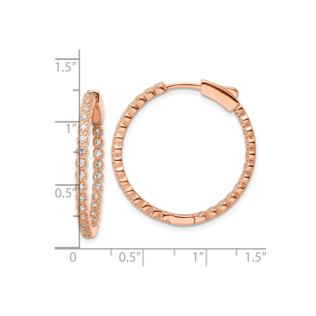Sterling Silver Rose Gold Hoop Earrings with Cubic Zirconia, Double Row Hinged Design