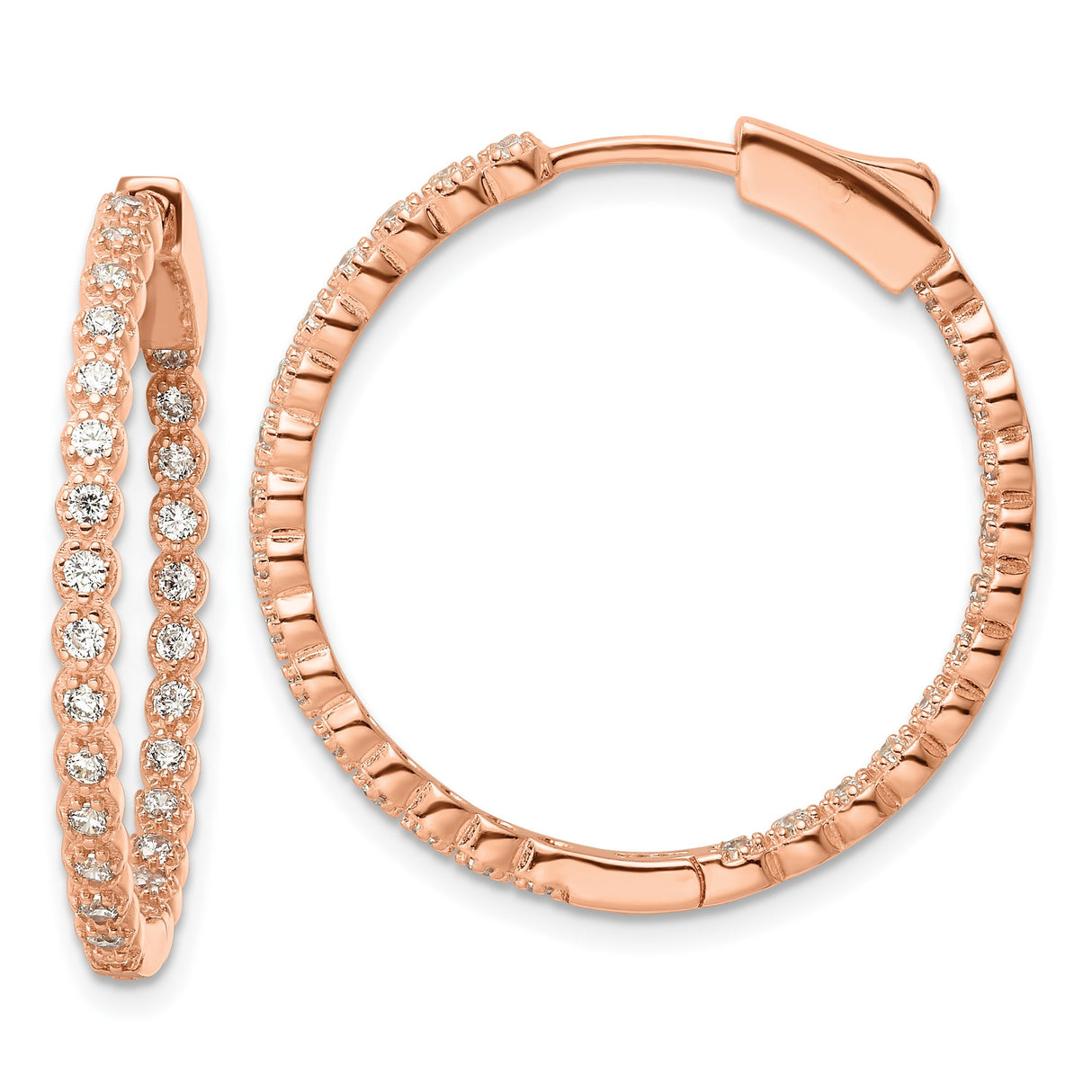 Sterling Silver Rose Gold Hoop Earrings with Cubic Zirconia, Double Row Hinged Design