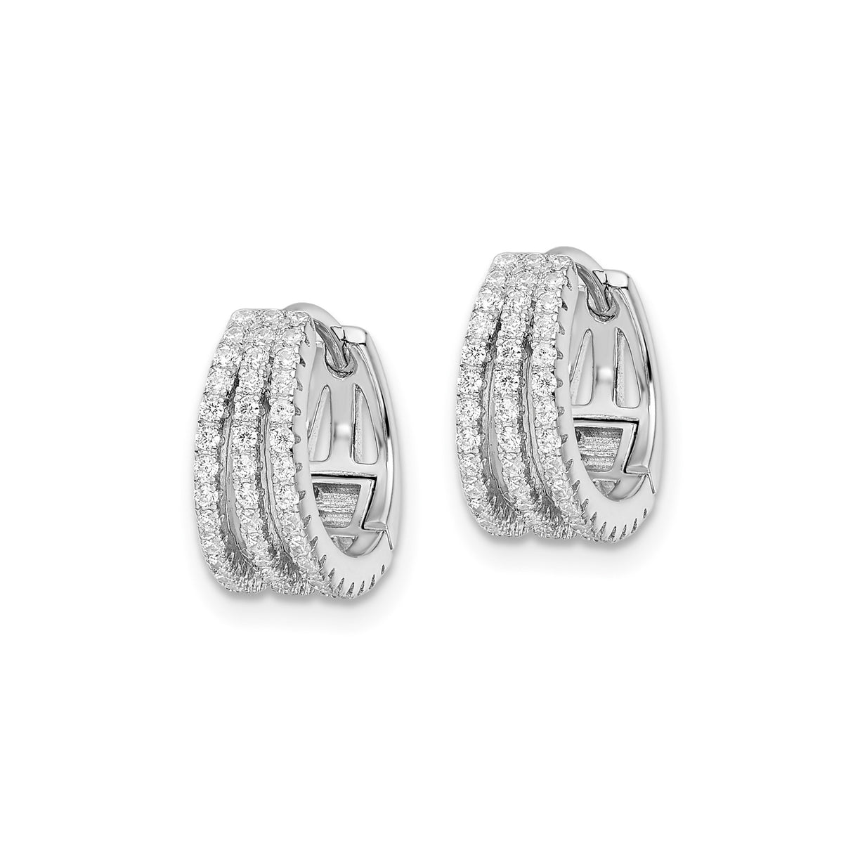 Sterling Silver Hoop Earrings with Triple Row Cubic Zirconia, Layered Huggie Style for Women