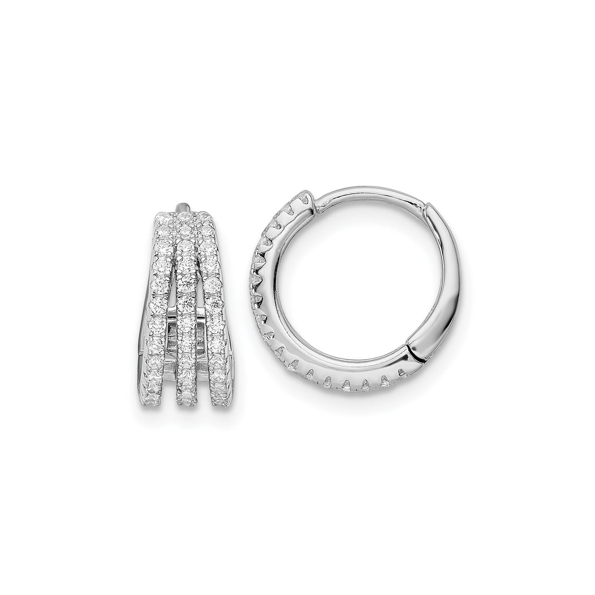 Sterling Silver Hoop Earrings with Triple Row Cubic Zirconia, Layered Huggie Style for Women