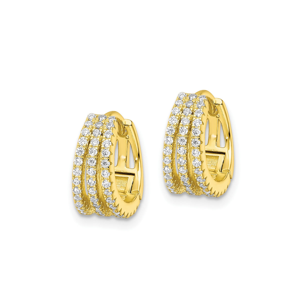 Sterling Silver Hoop Earrings with Triple Row Round Cut Cubic Zirconia, Gold Plated Statement Style