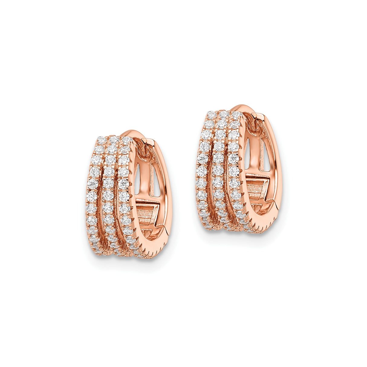 Sterling Silver Rose Gold Plated Hoop Earrings with Cubic Zirconia, Triple Row Huggie Style