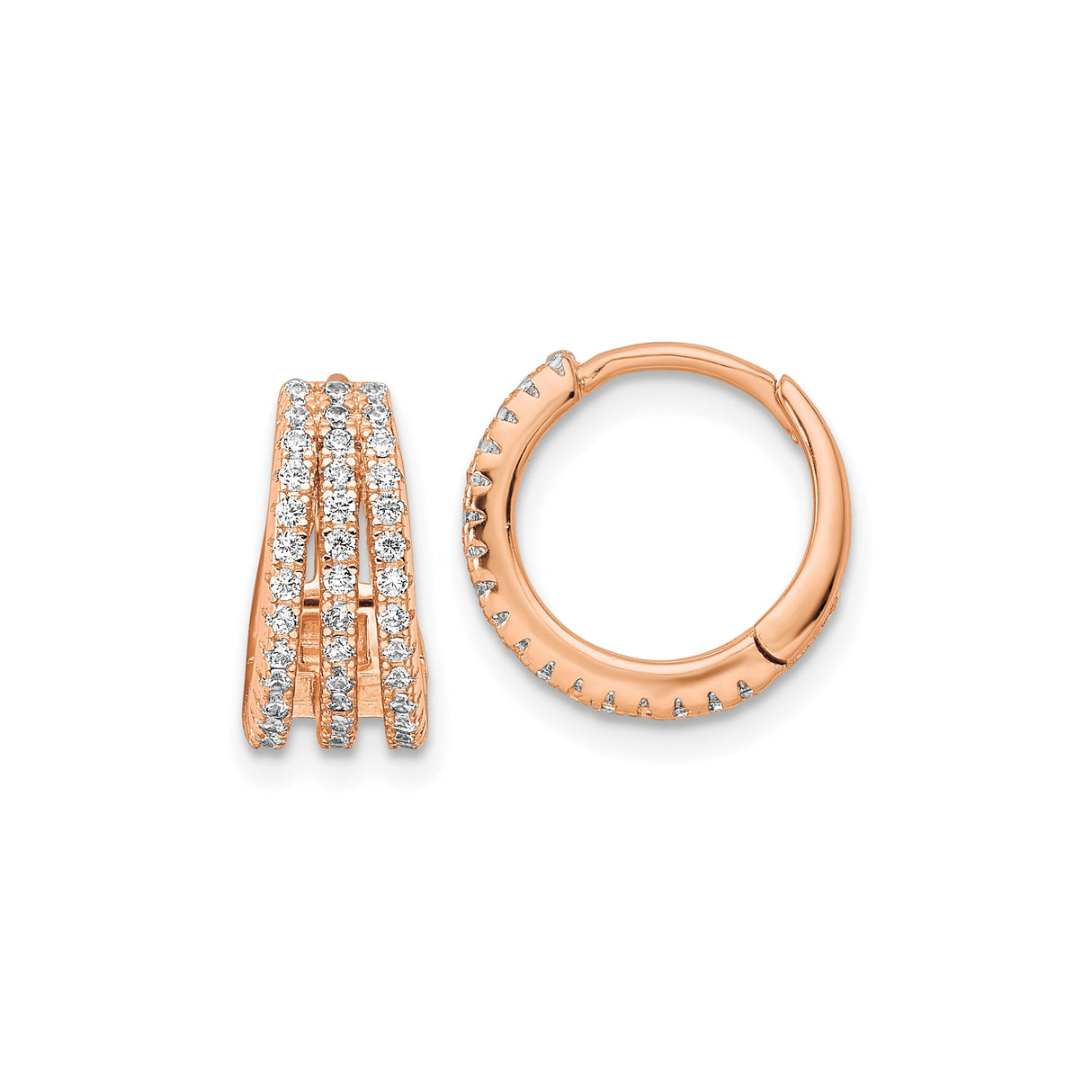 Sterling Silver Rose Gold Plated Hoop Earrings with Cubic Zirconia, Triple Row Huggie Style