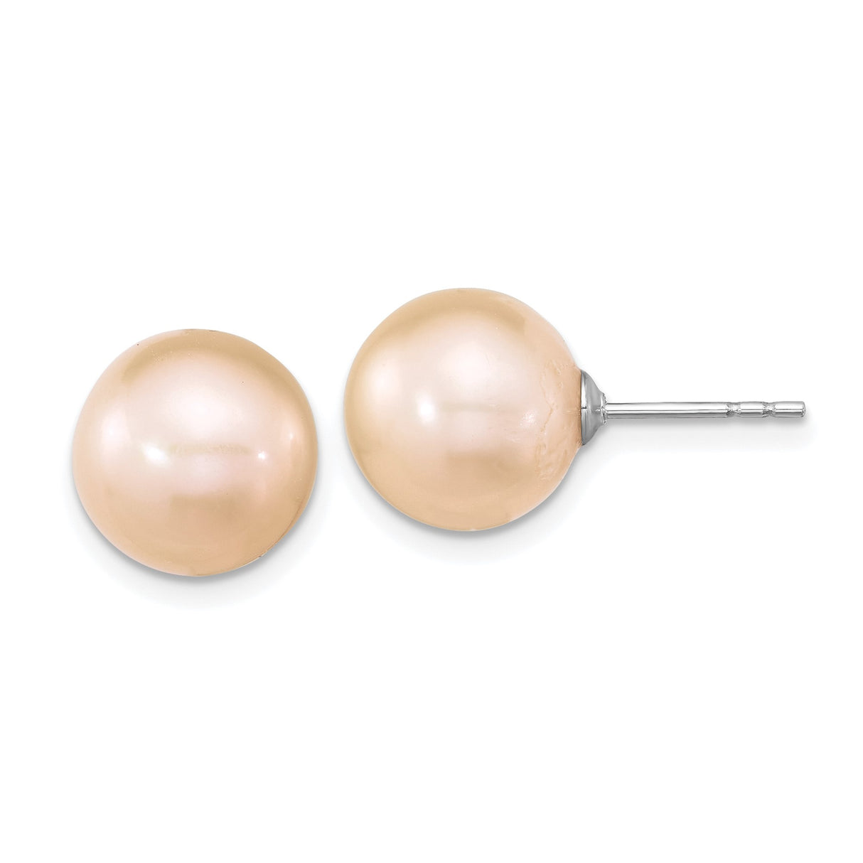 Sterling Silver Stud Earrings with Round Peach Freshwater Cultured Pearls, Minimalist Design