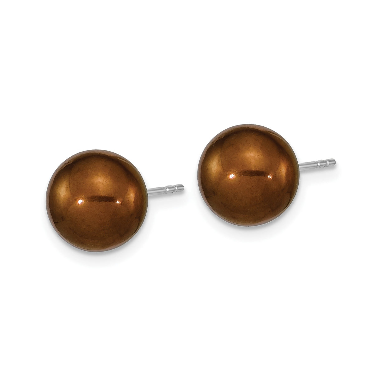 Sterling Silver Button Stud Earrings with Brown Resin Dome and Pearl Accent