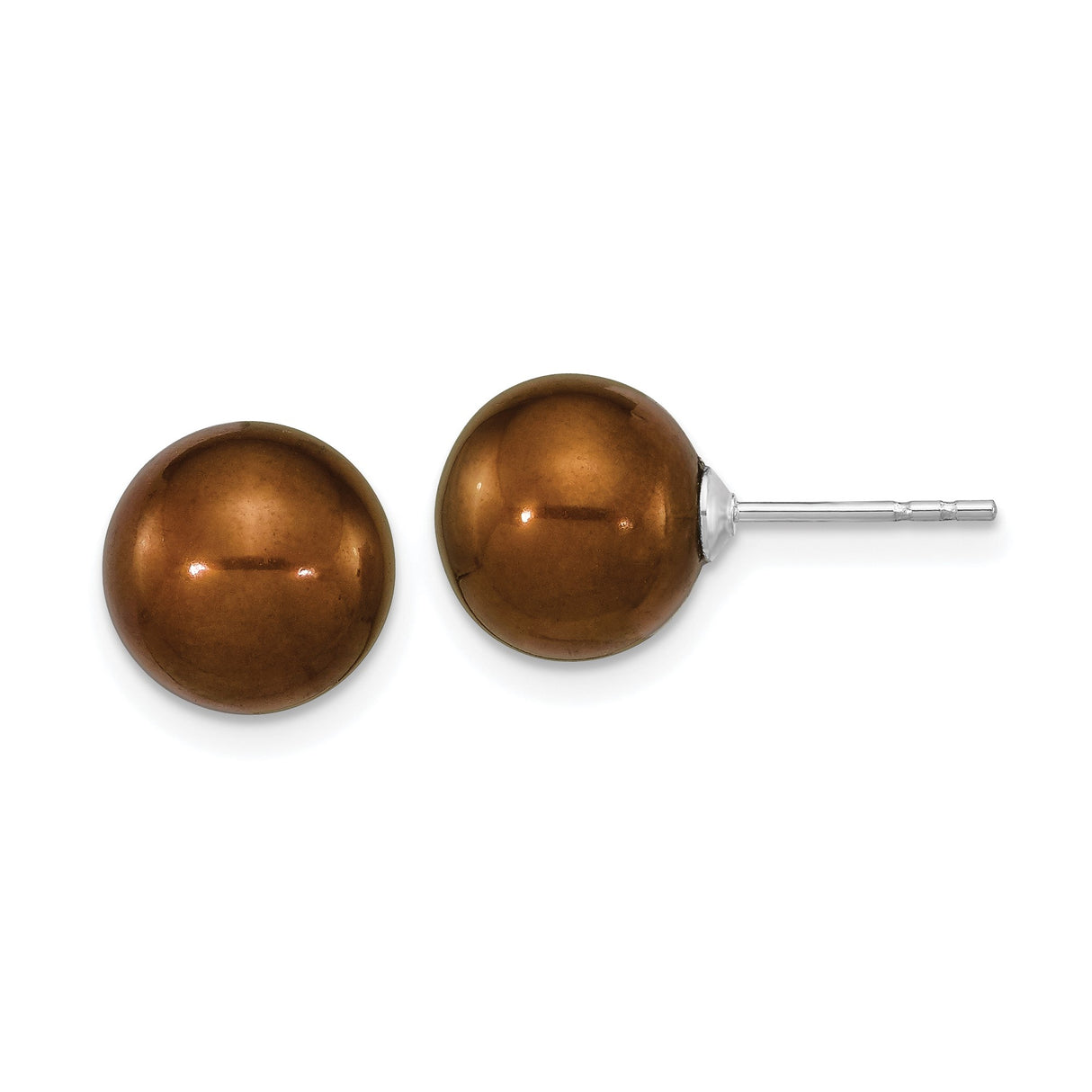 Sterling Silver Button Stud Earrings with Brown Resin Dome and Pearl Accent