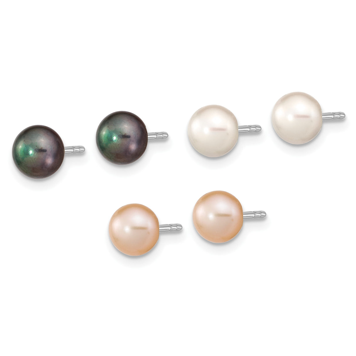 Sterling Silver Stud Earrings Set with White, Pink, and Black Freshwater Cultured Pearls