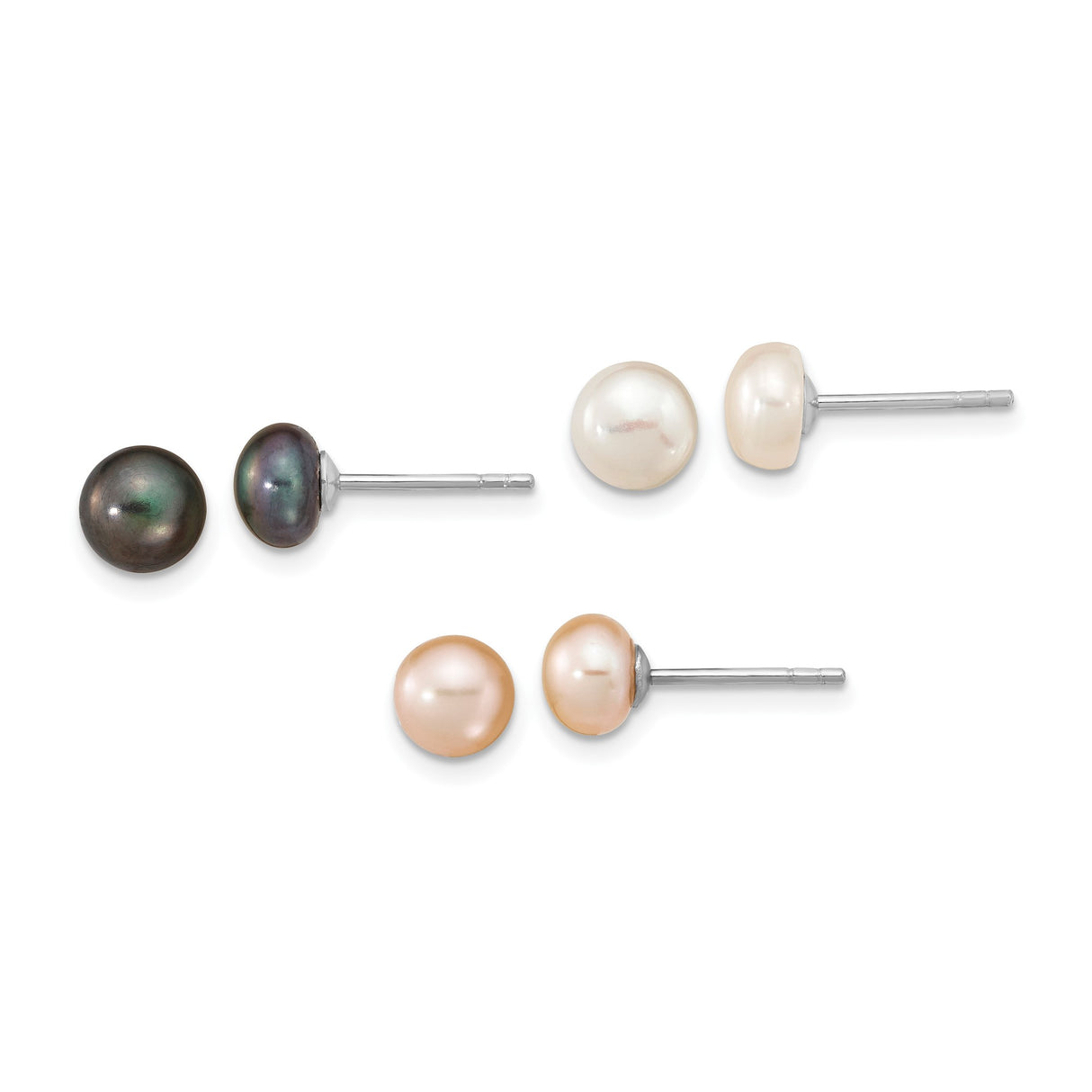 Sterling Silver Stud Earrings Set with White, Pink, and Black Freshwater Cultured Pearls