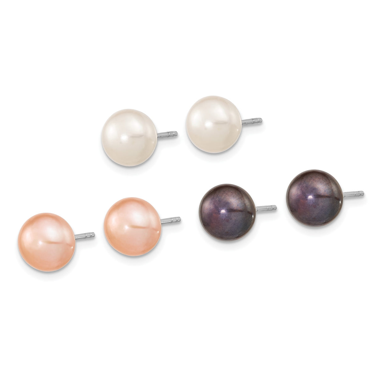 Sterling Silver Stud Earrings with Round Freshwater Cultured Pearls in White, Pink, Black