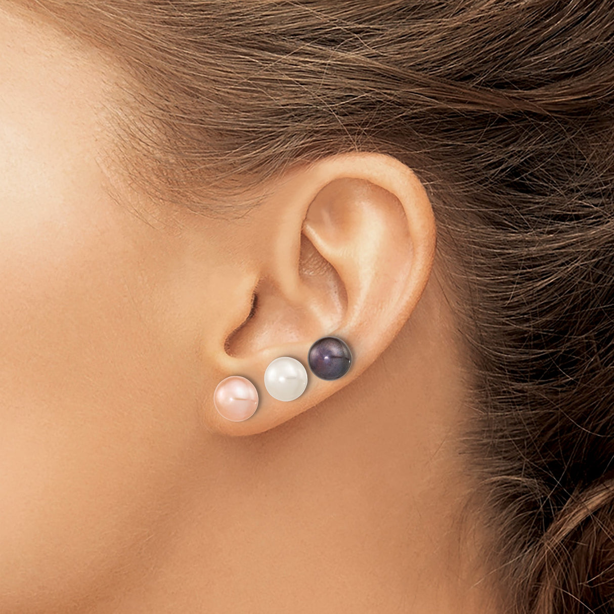 Sterling Silver Stud Earrings with Round Freshwater Cultured Pearls in White, Pink, Black