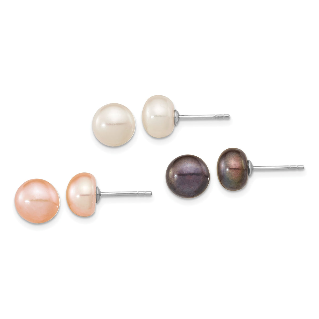 Sterling Silver Stud Earrings with Round Freshwater Cultured Pearls in White, Pink, Black
