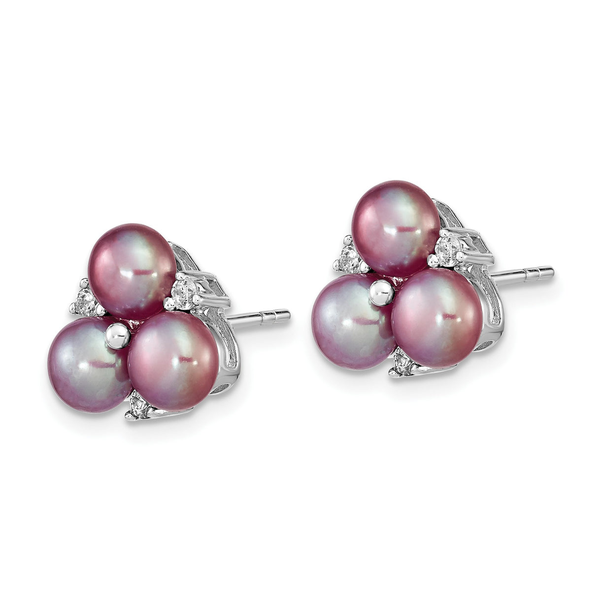 Sterling Silver Stud Earrings with Three Pink Freshwater Pearls and Cubic Zirconia Accents