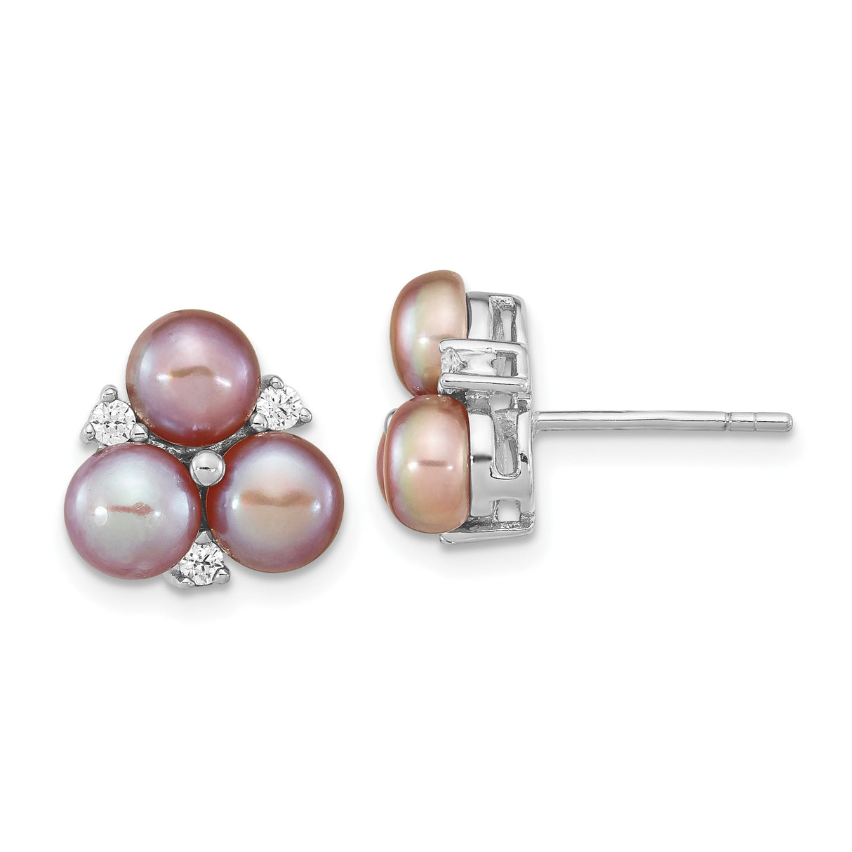 Sterling Silver Stud Earrings with Three Pink Freshwater Pearls and Cubic Zirconia Accents