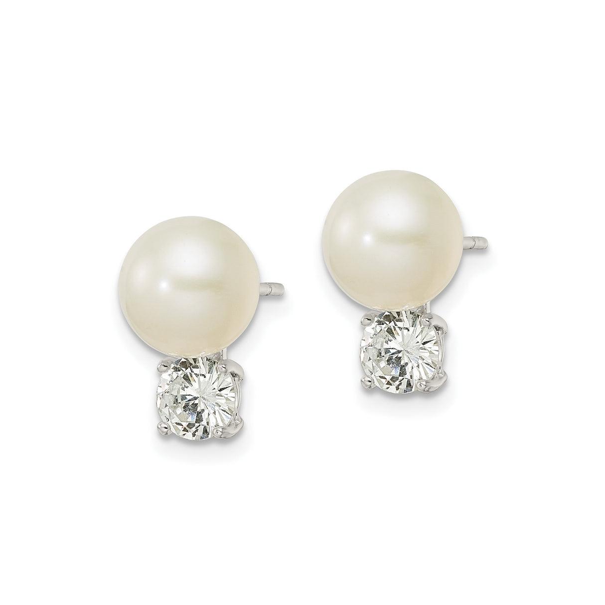 Sterling Silver Pearl Stud Earrings with Round White Cultured Pearls and Cubic Zirconia